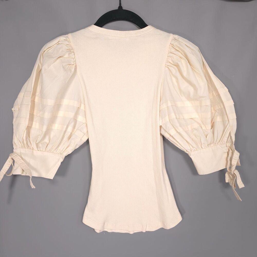 ULLA JOHNSON Iman Top Size P Cream Cotton Poplin Rib Knit Short‎ Puff Sleeves XS - Picture 8 of 16